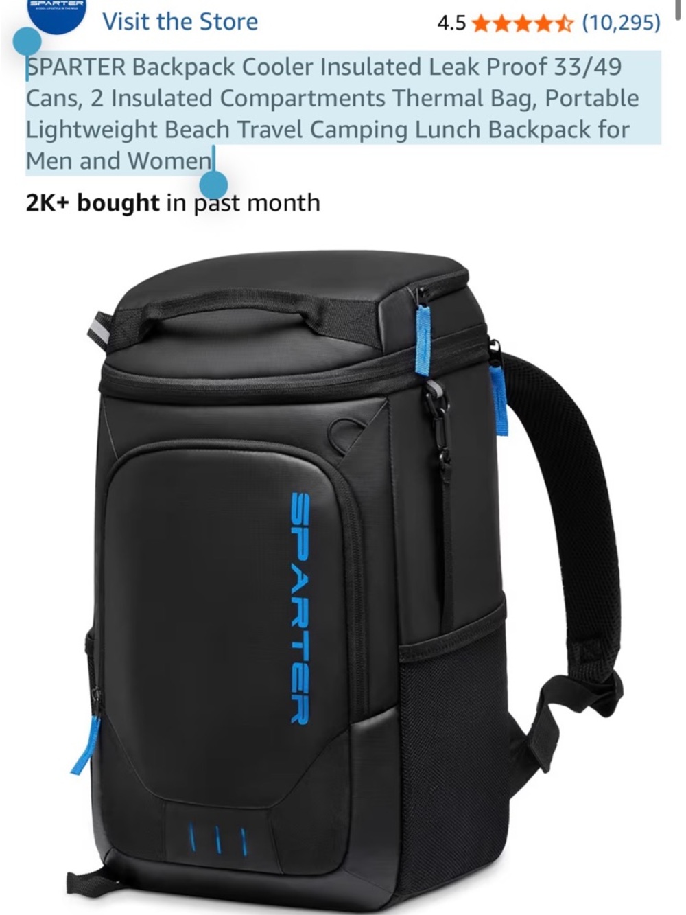 Sparter Men's Black and Blue Insulated Cooler Backpack